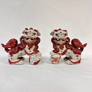 Pair of Red and White Porcelain Foo Dogs