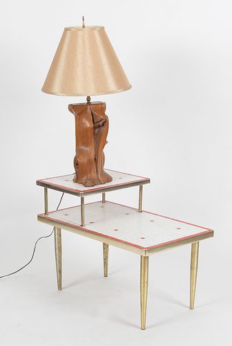 Mid-Century Table Lamp and Two-Tier Tiled Side Table