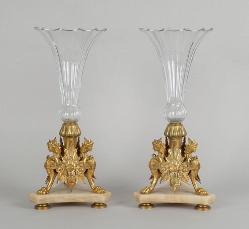 Pair of Napoleon III Gilt Bronze, Onyx and Cut Glass Vases
