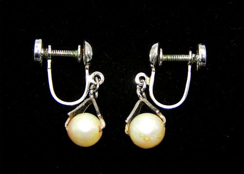 .925 Sterling Silver Screw Back Pearl Dangle Earrings
