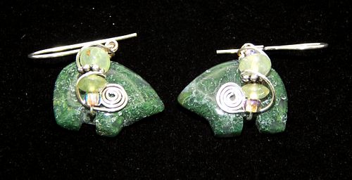 .925 Sterling Silver & Green Moss Agate Inuit Polar Bear with Green and White Jade Bead Earrings 