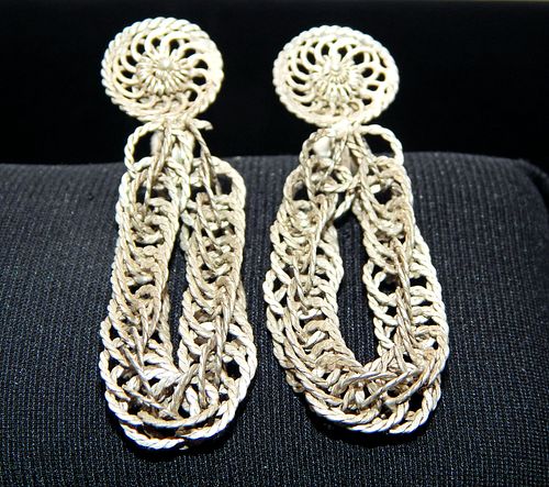 Vintage 0.999 Fine Silver Filigree Lace with Chain Loop Brocade Earrings 