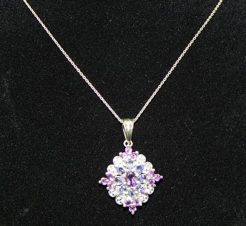 .925 Sterling Silver Gold Overlay Necklace with Amethyst, Tanzanite and White Crystal Cluster 