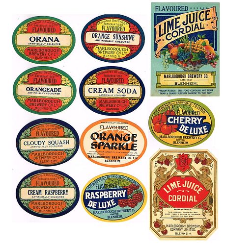 1910 Lot of ELEVEN Marlborough Brewery Soda Labels Blenhiem Australia 