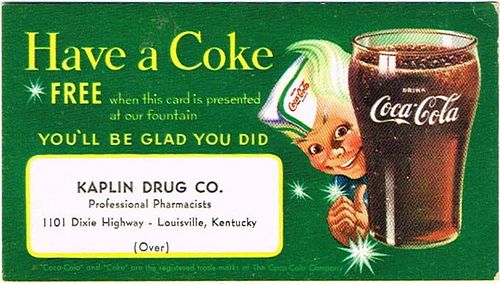 1944 Coca-Cola Sprite Boy Coupon Kaplin Drug Louisville Kentucky Label 