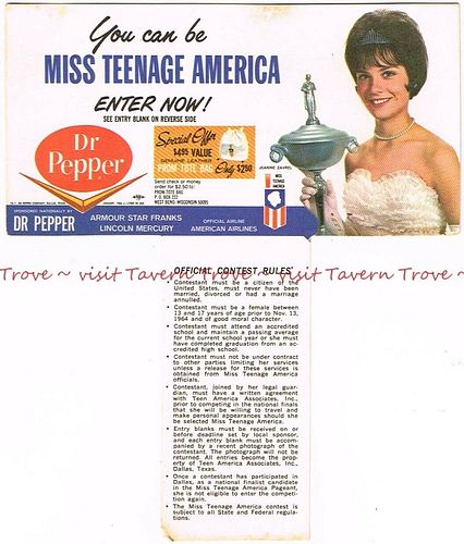 1965 Dr. Pepper Miss Teenage America Entry Form 