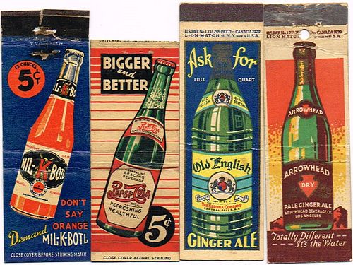 1940 Lot of 4 1940s Soda Matchcovers Pepsi Mill-K-Bottle Kerona Arrowhead 