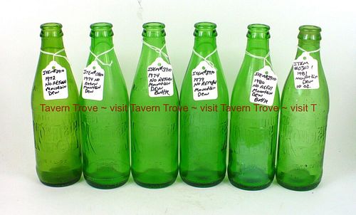 1975 Lot of 6 Mountain Dew 7oz Embossed Bottle 