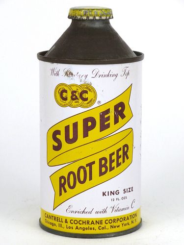 1957 Cantrell & Cochrane C&C Super Root Beer 12oz Cone Top Can Chicago Illinois