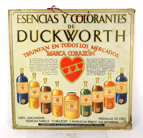 1925 Duckworth Flavorings Spanish Language String Hung Cardboard Sign Manchester England 