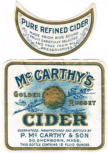 1922 Mc Carthy's Golden Russet Cider No Ref. Label Sherborn Massachusetts