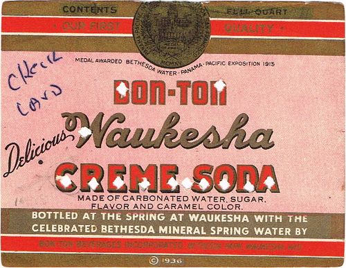 1936 Bon-Ton Cream Soda Waukesha Wisconsin 32oz One Quart Label 
