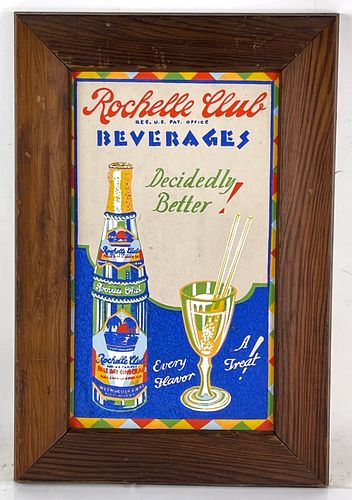 1939 Rochelle Club Beverages Framed Cardboard Sign Vernon New York 