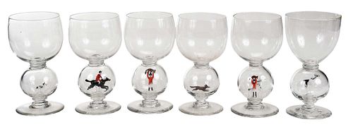 Set of 21 Bimini Handblown Hunt Motif Goblets and Sherry Glasses