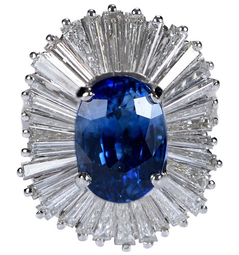 Platinum Blue Sapphire and Diamond Ballerina Ring - GIA