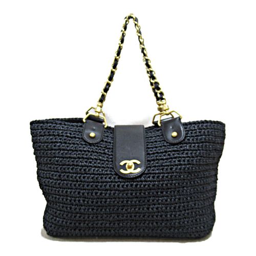 CHANEL LEATHER & STRAW CHAIN TOTE BAG