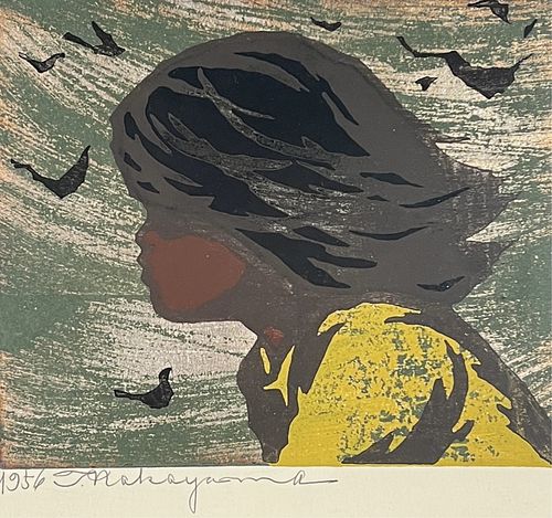 Tadashi Nakayama "Girl in Wind" Woodblock Print