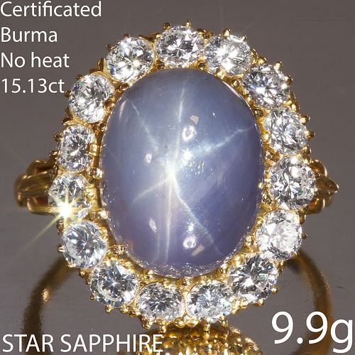 IMPRESSIVE CERTIFICATED BURMA 15.13 CT. STAR SAPPHIRE AND DIAMOND CLUSTER RING