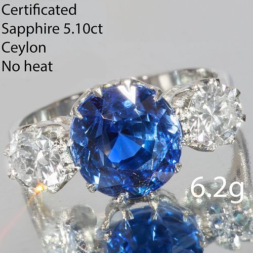 IMPORTANT CERTIFIFCATED CEYLON SAPPHIRE AND DIAMOND 3-STONE RING