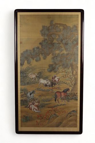 A large Chinese painting in ink and colour on silk depicting horses, After Lang Shining (Giuseppe Castiglione, 1688-1768)