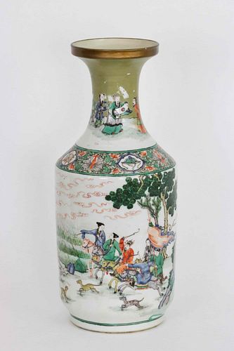 A Chinese famille verte rouleau vase with horse riders, 20th Century