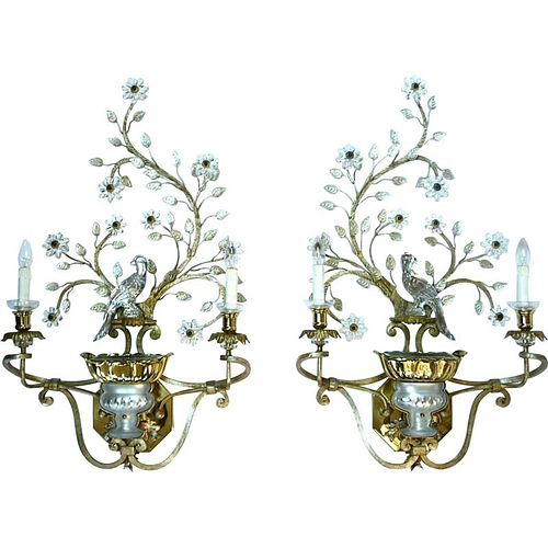 Pair of Italian wall lamps in gilt metal and glass made by Banci Firenze, Mid-20th Century