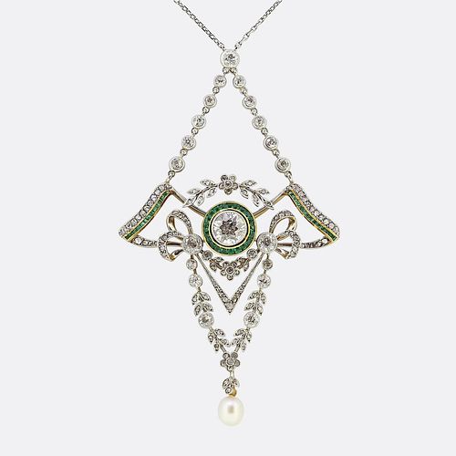 Platinum and 18k Art Deco Emerald Pearl and Diamond Lavalier Necklace