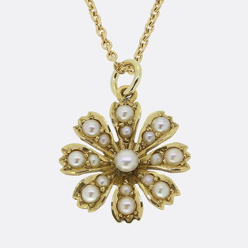 18k Victorian Pearl Sunflower Locket Necklace
