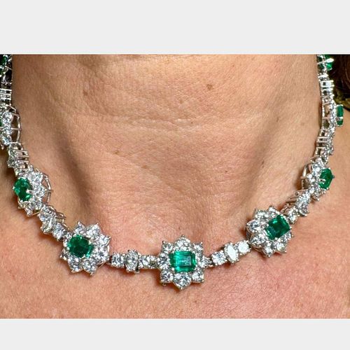 1950â€™s Platinum Colombian Emerald & Diamond Necklace / 2 Bracelets