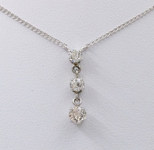 Vintage White Gold Three Diamond Pendant, Necklace