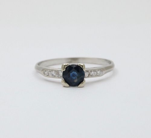 Vintage Platinum Sapphire & Diamond Ring Band, Engagement Ring