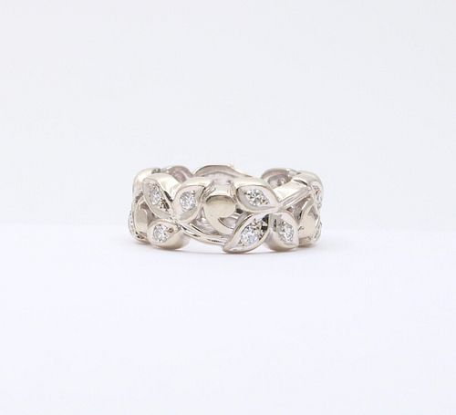 Vintage White Gold Diamond Wide Ring Band.