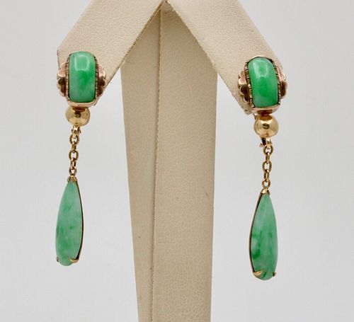 Vintage Bohemian Style Yellow Gold Jadeite Jade Dangling Earring