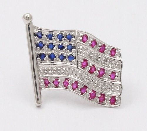 Classic White Gold And Diamond American Flag, 4th of July Brooch, Pin.