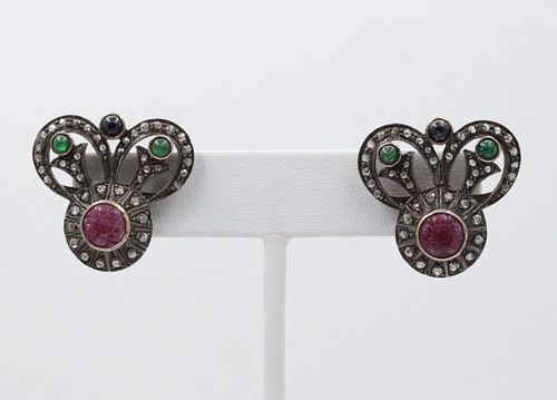 Antique Gold & Silver Diamond, Ruby, Emerald and Sapphire Earrings