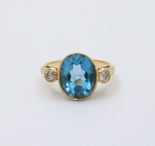 Vintage Yellow Gold London Blue Topaz and Diamond Statement Ring