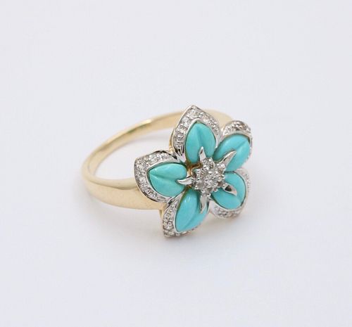 Vintage Yellow Gold Turquoise & Diamond Flower RIng , Cocktail Ring