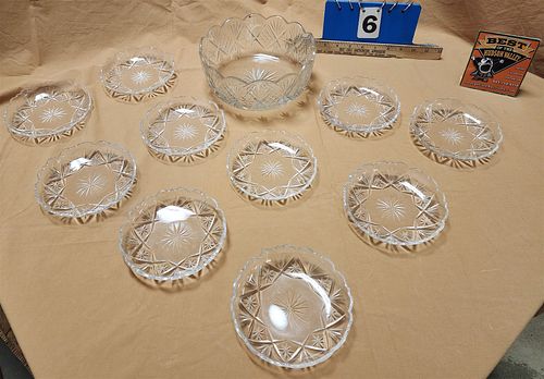 Tray Cut Glass Bowl 3 3/4"H X 8 1/4" Diam W/ 10 Sm Bowls 1"H X 5 3/4" Diam