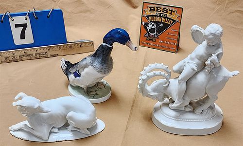 Tray Rosenthall Figurines, Reclining Dog 3 1/2"H X 6 1/2"L, Sartyr On Ram 7 1/2"H X 6"L, and Duck 6 1/4"H X 6 1/2"L