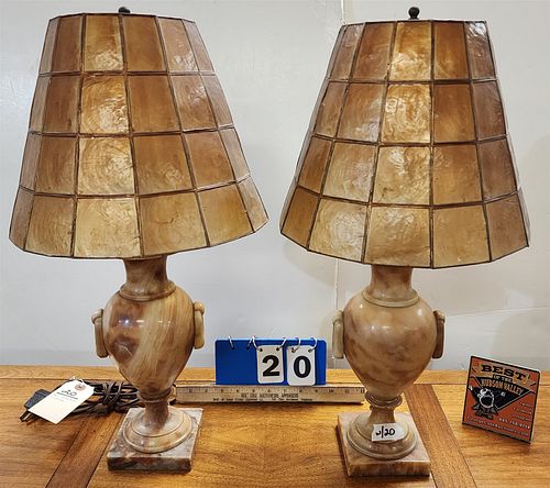 Pr Marble Urn Lamps W/ Shell Shades 23"