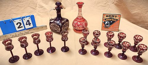 Tray 2 Bohemian Glass Ruby Cut To Clear Decanters 7" W/ 15 Cordials