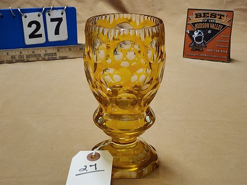 Yellow Cut To Clear  Vase 7"H X 3 1/2" Diam