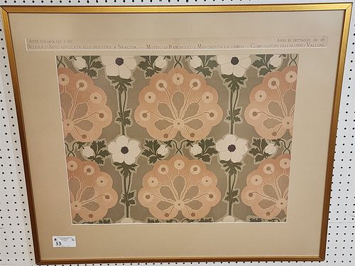 Framed  Wallpaper Pattern 20 1/2" X 26 1/2" and 20th C Amber Cut To Clear Ewer Pressed Glass Frosted Glass 4"H X 2 3/4"Diam