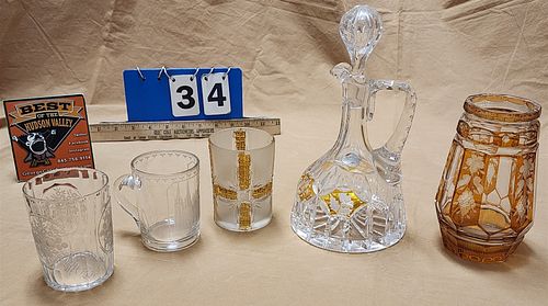 Tray 19th C Glass Amber Cut To Clear Vase 6 1/4"H X 3" Diam, Cut + Etched Glass 3 3/4"H X 2 3/4" Diam, 1880 Mug W/ Etching Of Cathedral 3 1/2" X 2 3/4