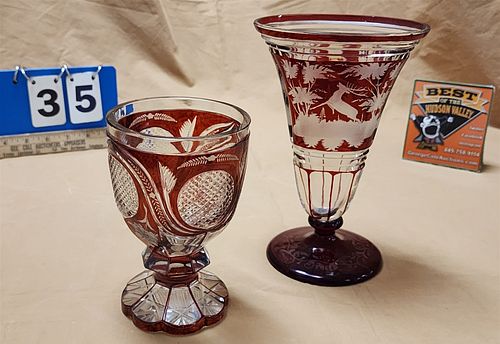 Tray Bohemian Glass Ruby Cut To Clear Goblet 6 1/2" X 4" Diam  (Chip On Base), Vase 8 1/2"H X 5 1/2"W X 3 3/4"D