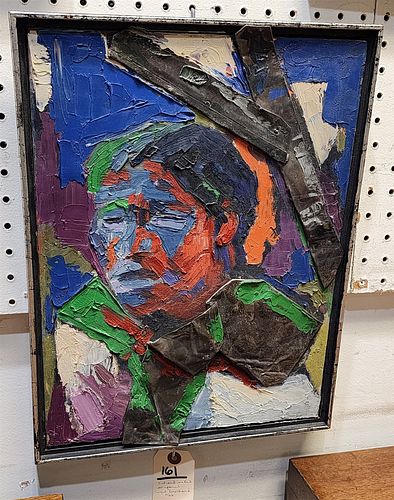 Framed O/Panel W/ Metal Abstract Portrait Sgnd Brochard 1966 15 3/4"X 11 1/2"