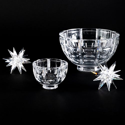 Two Orrefors Glass Bowls and a Pair of Swarovski Glass Candle Holders
