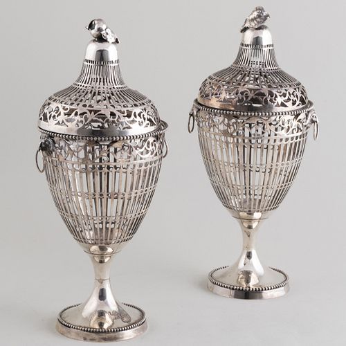 Pair of Continental Silver Chestnut Vases and Covers