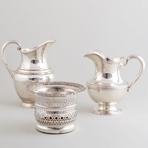 Two Reed & Barton Silver Pitchers and a Silver Plate Bottle Cooler