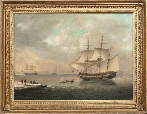 BRITISH SHIPS WHALING IN THE ARTIC OIL PAINTING